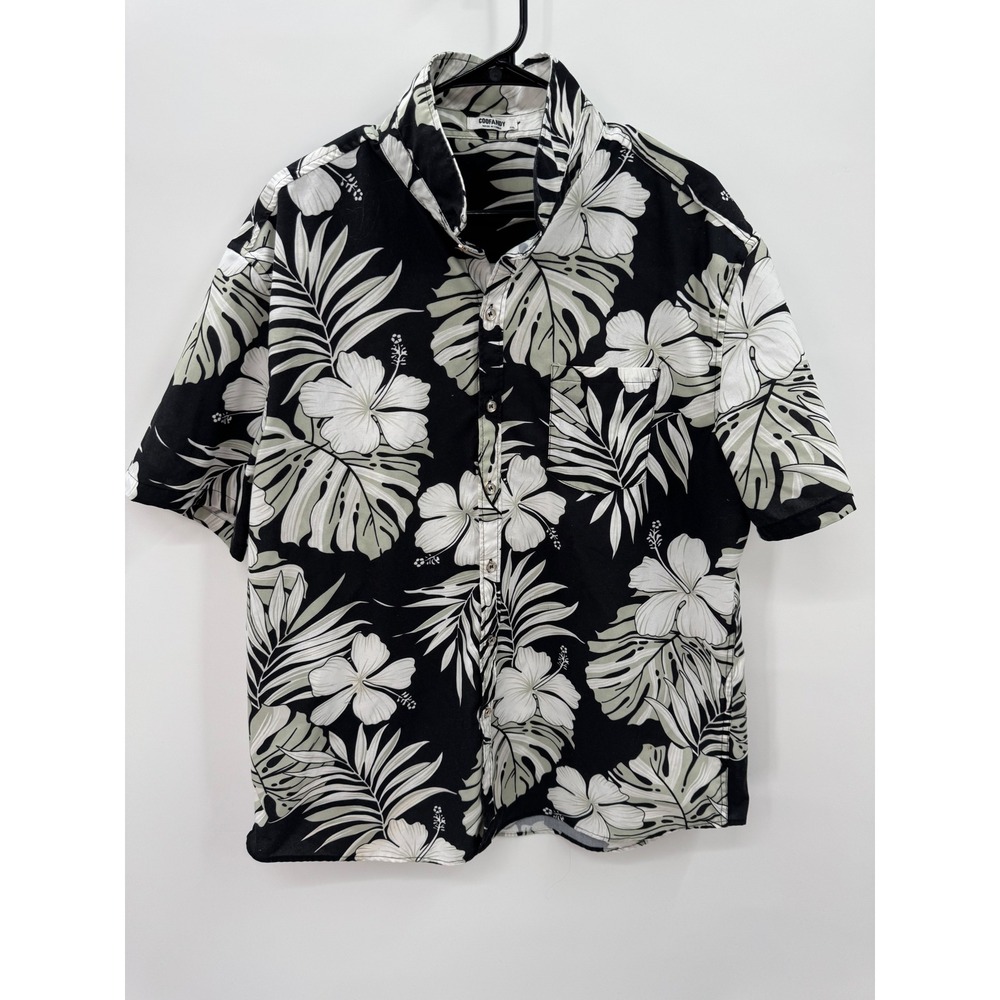 Coofandy Mens Black White Tropical Hibiscus Palm Print Short Sleeve Shirt XXL